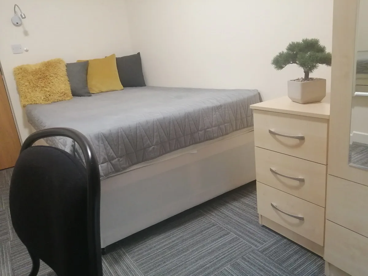 A double bedroom with bedside drawers and cushions