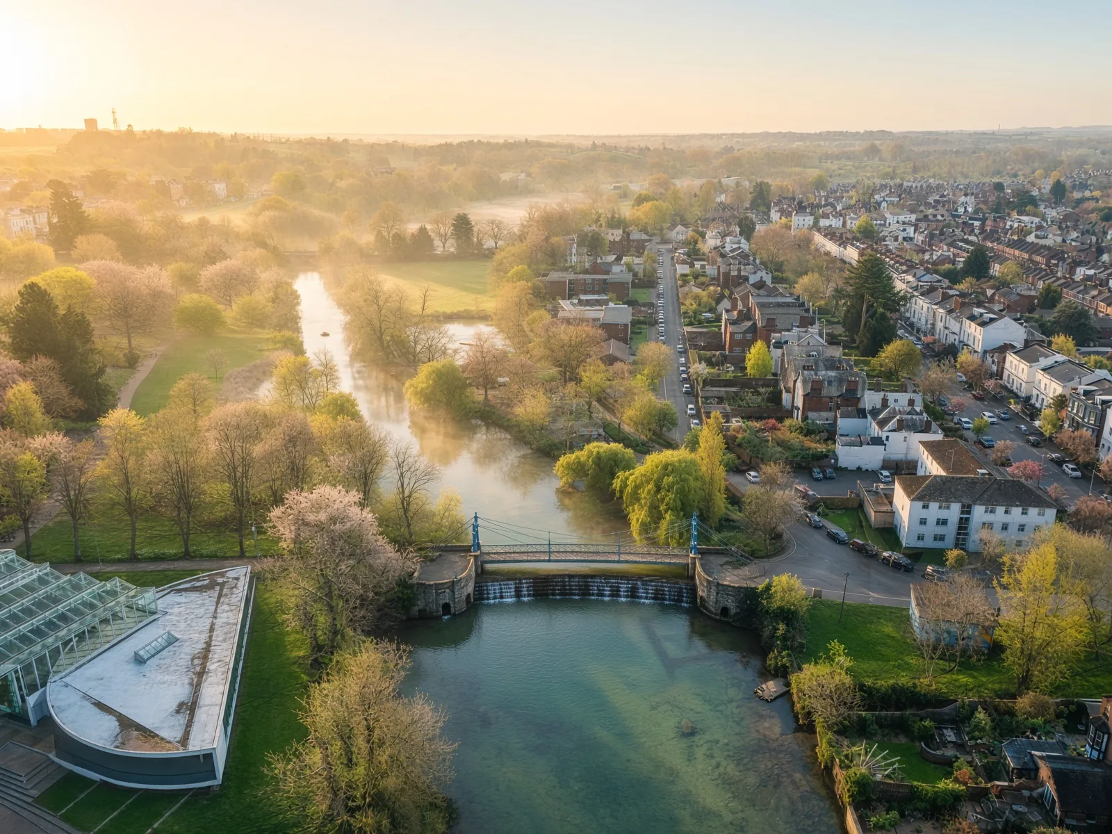 Leamington Spa from the air at first light: the river, the footbridge and weir, the gardens along one bank and terraced streets along the other