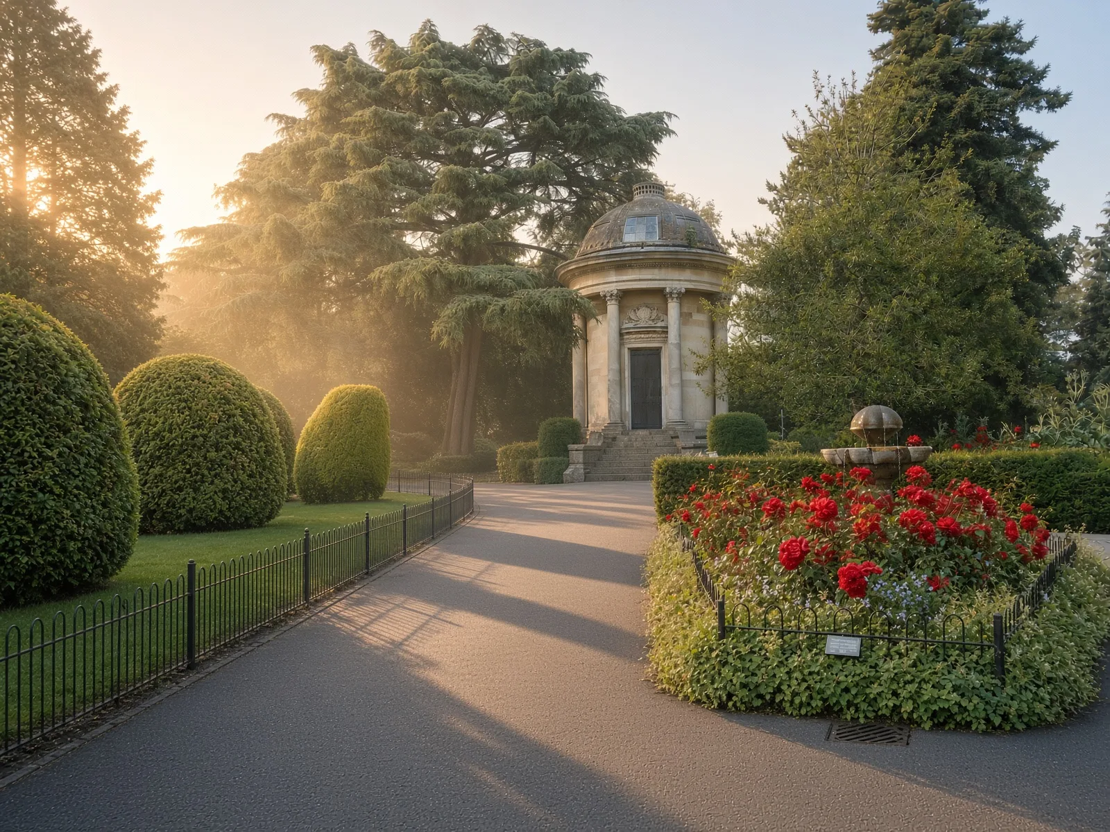 A domed stone garden temple beyond clipped yews and a bed of red roses, in low morning sun