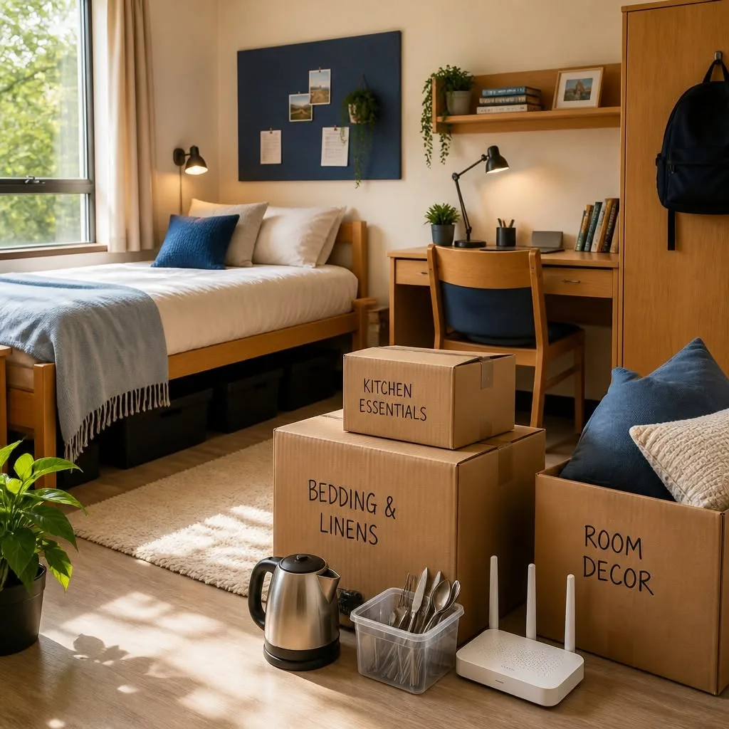 Boxes marked kitchen essentials, bedding and linens and room decor in a furnished student room, with a kettle, cutlery and a router beside them
