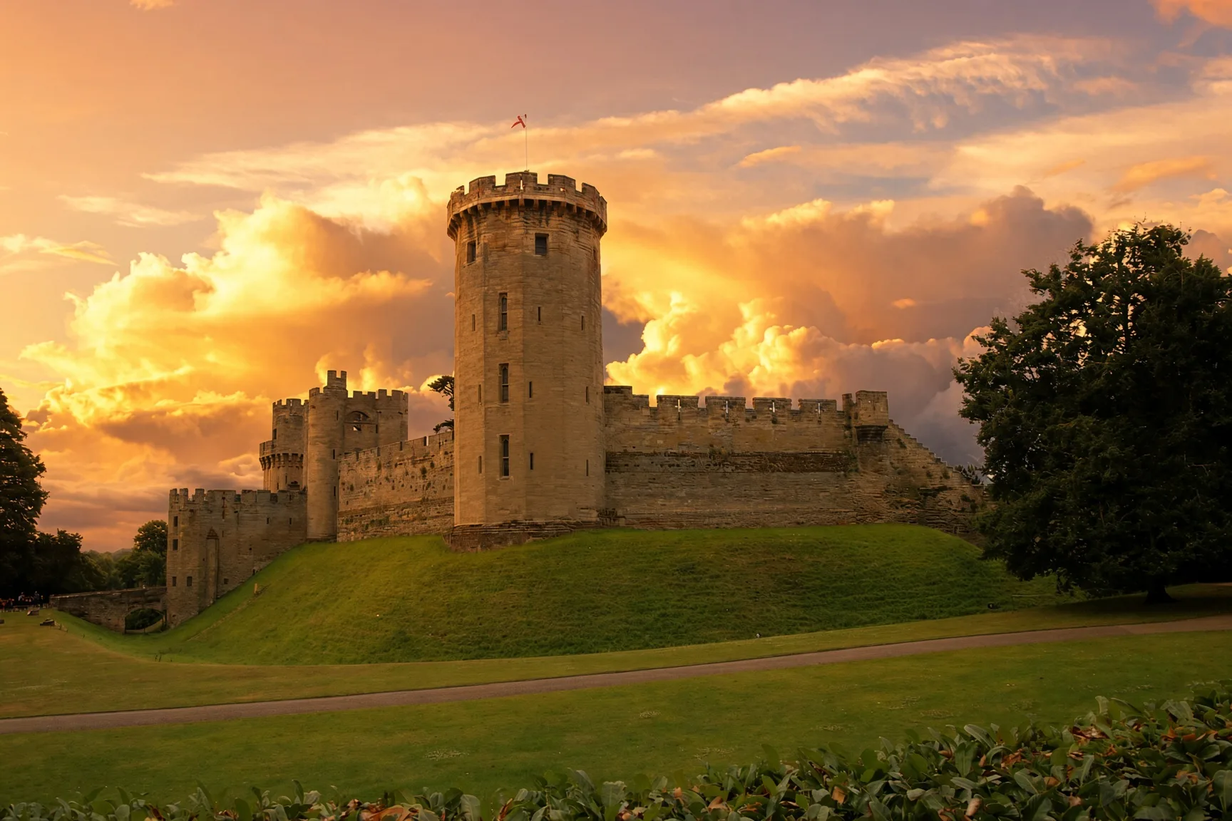Warwick Castle's towers and curtain wall above a grass bank, under a sunset sky